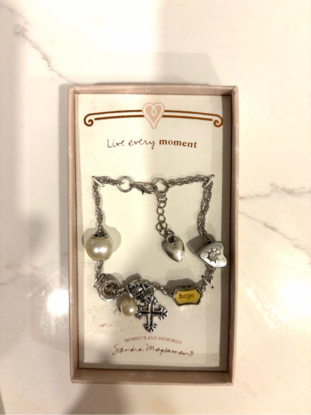 Silver-Tone Charm Bracelet with Pearl and Yellow 'Hope' Accent